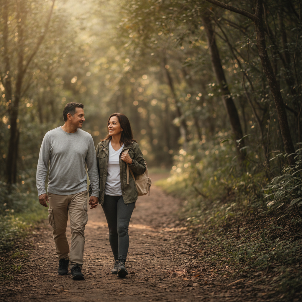 Pareja mexicana haciendo hiking suave y disfrutando una rutina de bienestar diario con CBD